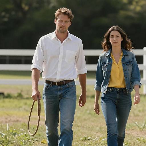 Sunlit Pasture Couple Leading Brown Horse