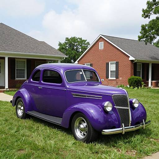 Photograph of a shiny, purple vintage car with chrome accents parked on a grassy lawn in front of a red-brick suburban house.