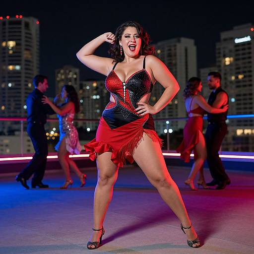 Photograph of a curvy, dark-haired woman in a red and black sparkly dance dress, posing confidently on a rooftop at night, surrounded by