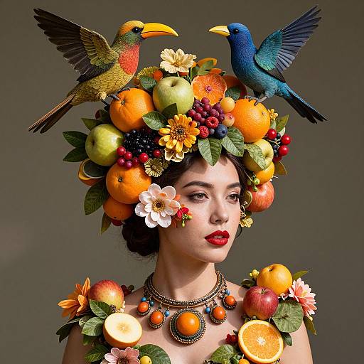 Photograph of a fair-skinned woman with red lipstick, wearing a vibrant fruit and flower headpiece adorned with colorful birds. She has a statement necklace