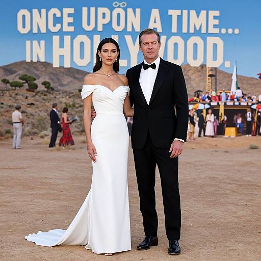 Photograph of a couple in formal attire standing in a desert; woman in white off-shoulder gown, man in black tuxedo, with