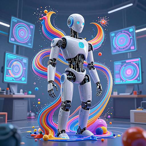Photorealistic CGI of a white, futuristic robot with glowing blue eyes, surrounded by vibrant, rainbow-colored, swirling lights in a high-tech lab.