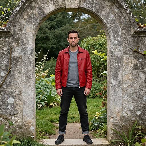 Photograph of a bearded man with short dark hair, wearing a red leather jacket, gray t-shirt, black pants, and black shoes, standing