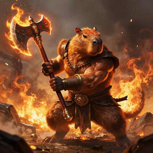Digital artwork of a muscular, anthropomorphic beaver wielding a flaming axe in a fiery, smoky battlefield, wearing dark leather armor.