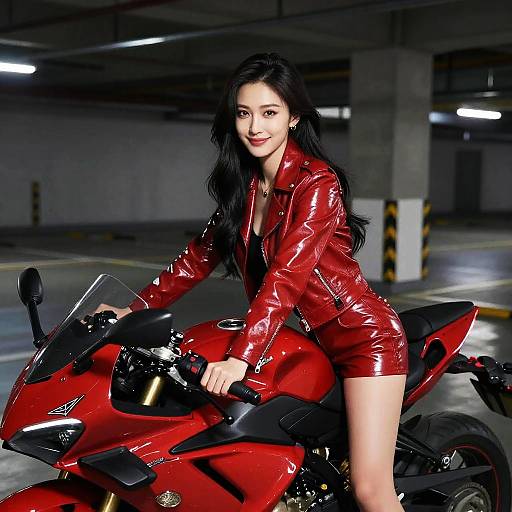 Asian Woman in Red Leather on Sport Motorcycle