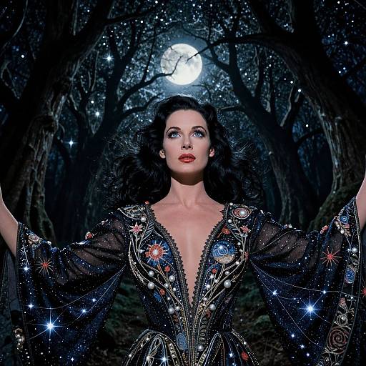 Photograph of a pale-skinned woman with dark curly hair, wearing a star-embellished black gown with a deep V-neck, standing in