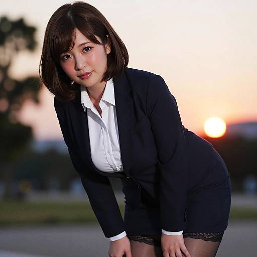 Photograph of an Asian woman with short brown hair, wearing a black suit and white blouse, bending forward against a sunset background.