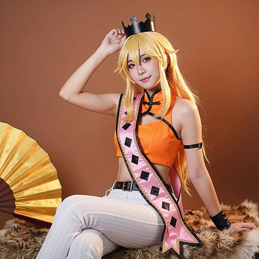 Blonde Cosplayer with Crown and Sash