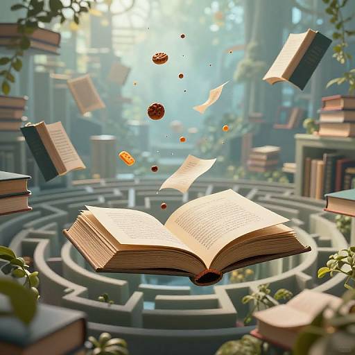 Fantastical CGI image of open book with floating pages and small orbs, surrounded by books on a maze-like, sunlit, leafy path.