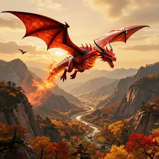 Digital artwork of a red dragon with fiery breath soaring over a winding river in a mountainous autumn landscape at sunset.