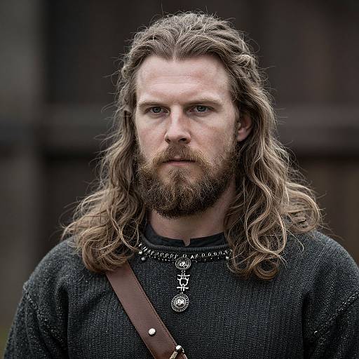 Photograph of a serious, bearded man with long, wavy brown hair, wearing a dark, textured tunic, and a leather strap across