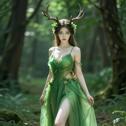 Digital artwork of a fair-skinned, green-eyed, deer-headed forest nymph with long brown hair, wearing a green, leafy dress, standing in