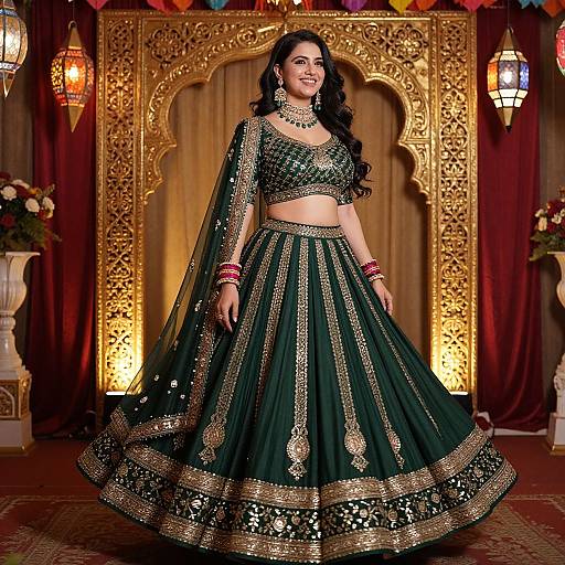 Indian woman in elaborate green and gold traditional lehenga set, adorned with intricate silver embroidery, standing before ornate golden archway backdrop.