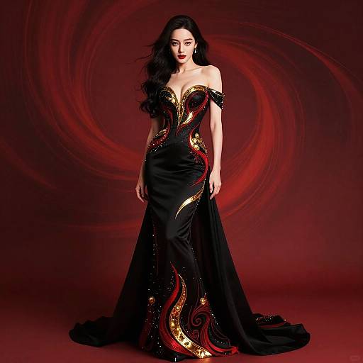 Photograph of a dark-haired woman in an off-shoulder, black gown with gold and red swirl patterns, standing against a red, swirling background