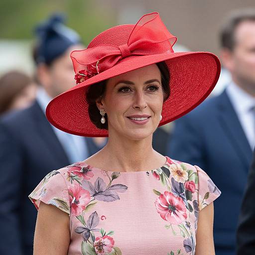 Photograph of a smiling woman in a pink floral dress and large red hat with a bow, surrounded by blurred men in suits.