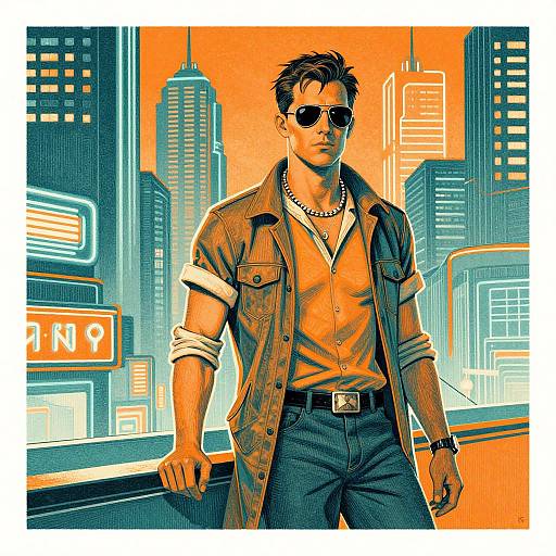 Digital illustration of a cool, dark-haired man in sunglasses, open shirt, chain necklace, and jeans, standing against a neon-lit cityscape.
