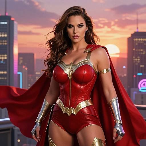 Photorealistic CGI of a voluptuous woman in a red Wonder Woman outfit with gold accents, red cape, and silver arm bracers, standing in