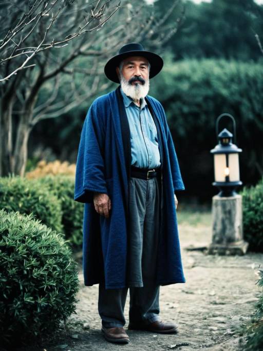 Elderly Man in Blue Robe and Black Hat Outdoors