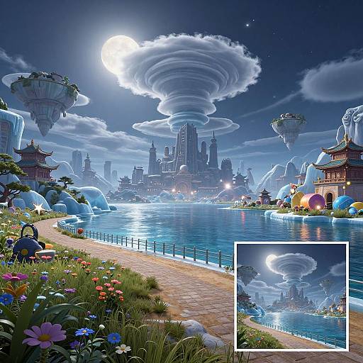 Fantasy cityscape at night with a glowing moon, swirling cloud vortex, floating islands, colorful flowers, and illuminated buildings by a reflective waterway.