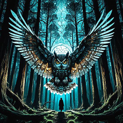 Luminescent Owl Hovering in Ancient Forest
