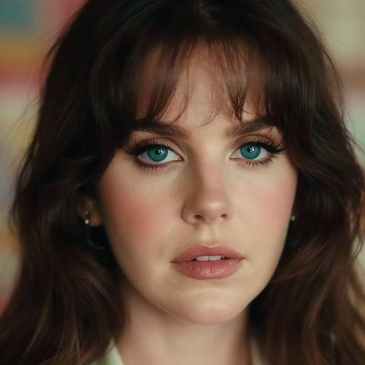 Photograph of a young woman with striking blue eyes, fair skin, and dark brown, wavy hair, staring intently forward. Soft pink lips