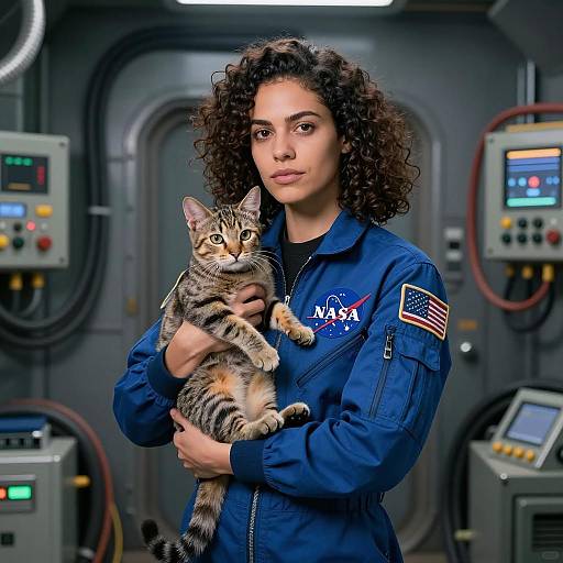 Woman in NASA Jumpsuit with Tabby Cat