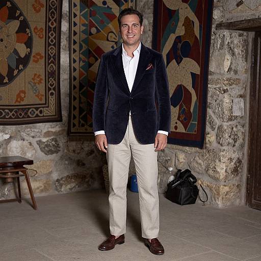 Photograph of a smiling man in a black velvet blazer, white shirt, beige pants, and brown shoes, standing in a stone-walled room