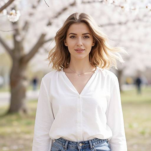 Young Woman in Sunlit Cherry Blossom Park