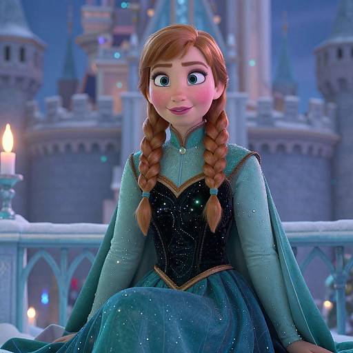 CGI image of Elsa from Frozen, sitting on a castle balcony at night, wearing her teal gown with starry details, braided hair, and