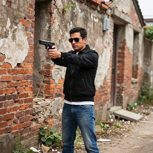 Man with Handgun in Ruined Alley