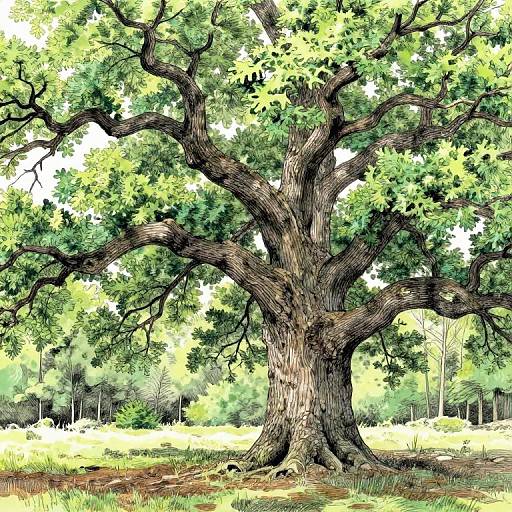 Digital drawing of a large, sprawling oak tree with thick, twisted branches and vibrant green leaves, set against a bright, sunlit forest background.