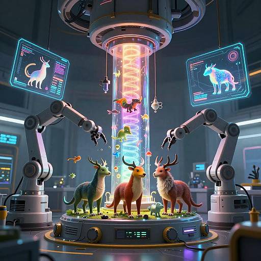CGI sci-fi image of three deer-like creatures in a glowing, cylindrical habitat, surrounded by robotic arms, neon screens, and floating fish.
