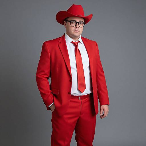 Photograph of a man in a bright red suit, white shirt, red tie, and red cowboy hat with black glasses, standing against a gray background