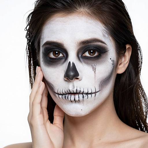 Photograph of a young woman with white face paint, black eye makeup, and a black skull mask, touching her cheek. Background is plain white.