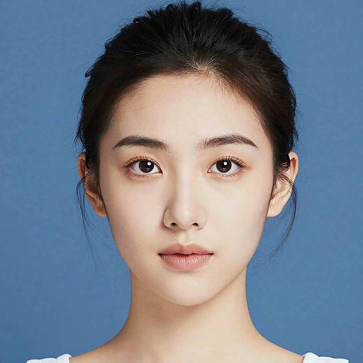 Photograph of a young Asian woman with fair skin, dark hair in a simple updo, brown eyes, and neutral expression, against a solid blue