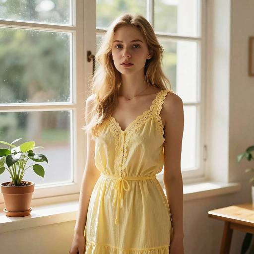 Photograph of a young blonde woman with fair skin, wearing a yellow lace-trimmed dress, standing in sunlit room with a window and p