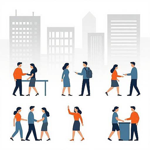 Illustration of diverse office workers in orange shirts and black skirts/pants, interacting and walking, with gray building silhouettes in background.
