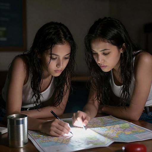 Two Women Leaning Over Map by Light