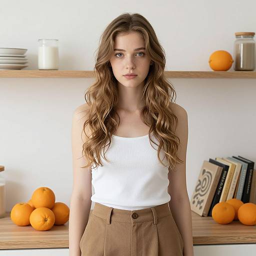 Photograph of a young woman with long, wavy brown hair, wearing a white tank top and high-waisted brown skirt, standing in a