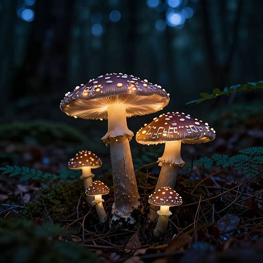 Photograph of glowing mushrooms with white-spotted caps in a dark forest, illuminated by their own bioluminescence, surrounded by moss and fallen leaves