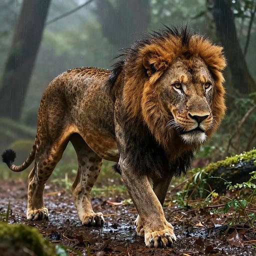 Photorealistic digital artwork of a majestic male lion with a dense, dark brown mane, walking on a muddy forest path during light rain.
