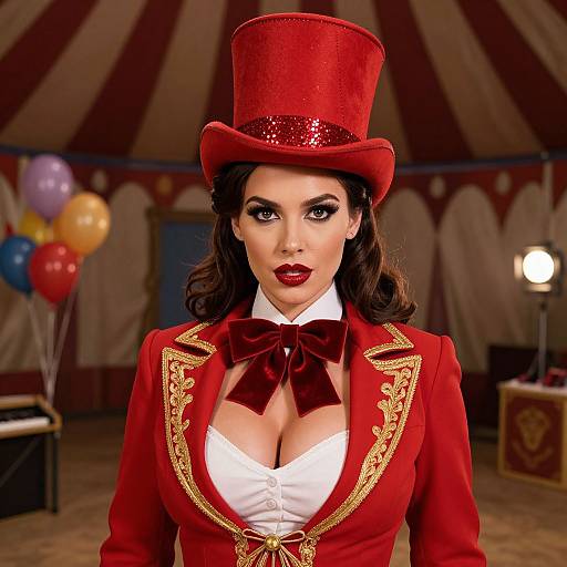 Photograph of a woman with dark hair, red top hat, and red velvet jacket with gold trim, white blouse, and large bow, standing in