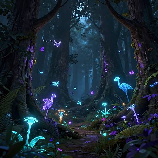 Digital fantasy artwork of a dark, enchanted forest with glowing blue and purple bioluminescent mushrooms, butterflies, and birds amidst towering trees.