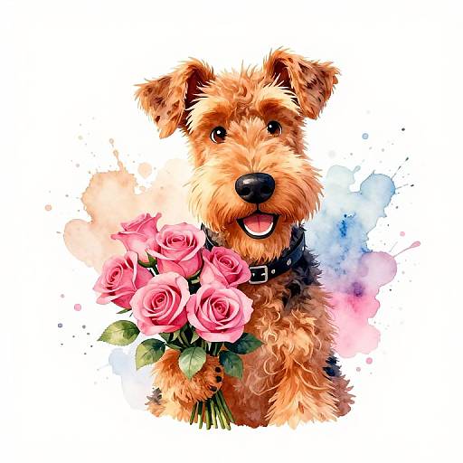 Digital illustration of a cute, fluffy, orange-brown terrier dog with black nose, holding a bouquet of pink roses, surrounded by watercolor spl