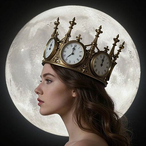 Photograph of a young woman with fair skin, brown hair, wearing a gold crown with four clock faces, against a bright full moon.