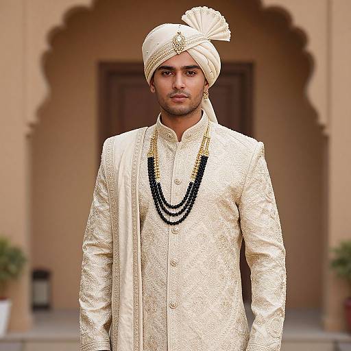 Photograph of a handsome South Asian man in a cream-colored, embroidered sherwani, white turban, black bead necklace, standing in front of