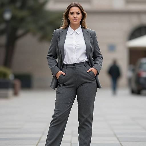 Photograph of a confident woman in a gray business suit with white shirt, hands in pockets, standing on a city street.