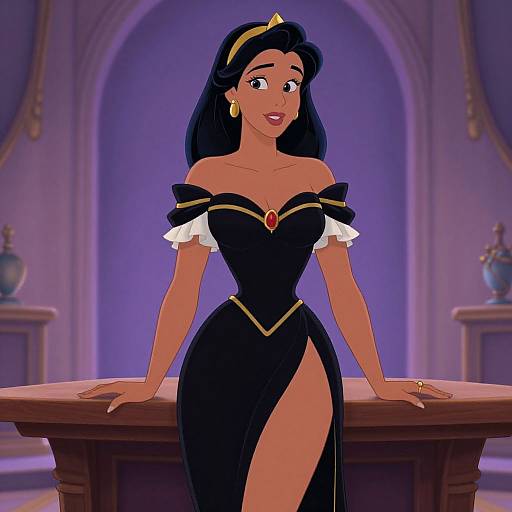 Digital animation of a beautiful, dark-skinned woman with long black hair in a black off-shoulder dress with gold trim, red gem, and