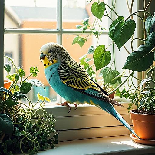 Budgerigar on Sunlit Window Ledge with Potted Plants