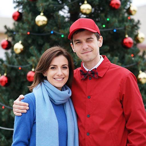 Couple Posing by Christmas Tree Outdoors